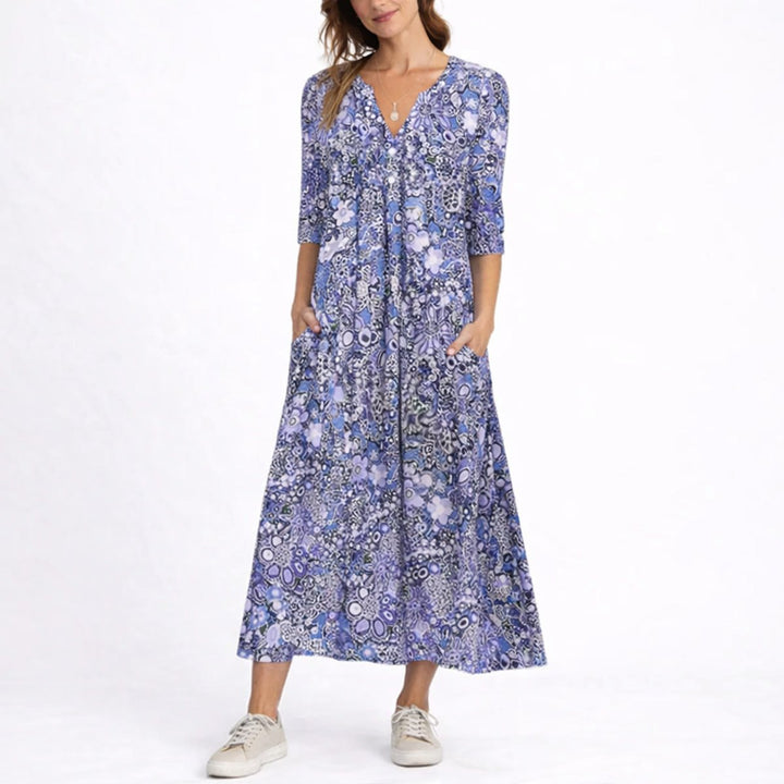 Marlowe floral V-neck midi dress in blue, front view