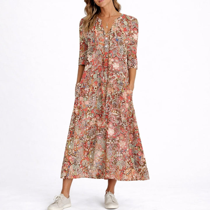 Marlowe floral V-neck midi dress in coral, front view