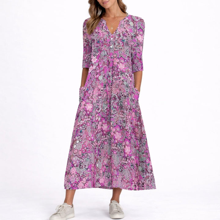 Marlowe floral V-neck midi dress in pink, front view