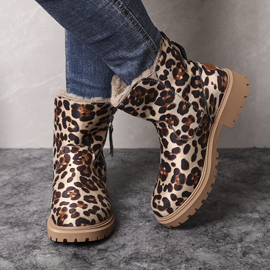 Marlowe fur lined ankle boots in leopard print, close up angle view