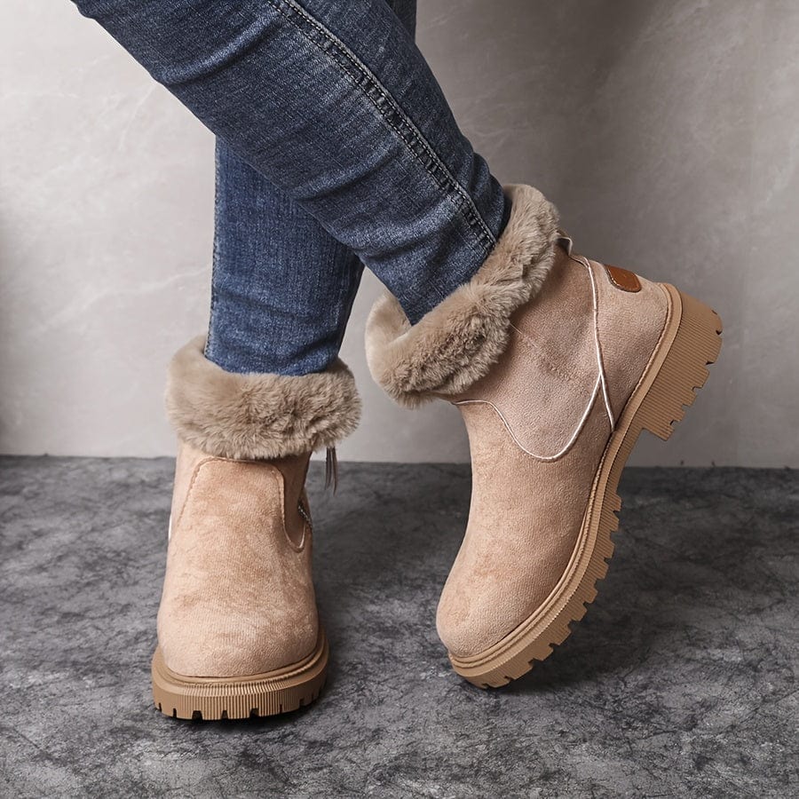 Marlowe fur lined ankle boots in beige, close up fur cuff detail