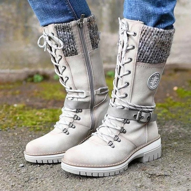 Marlowe knit cuff knee high boots in off-white, front view