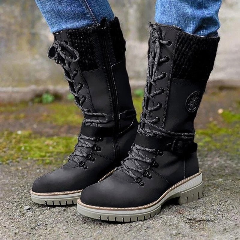 Marlowe lace-up knee high boots in black, side view