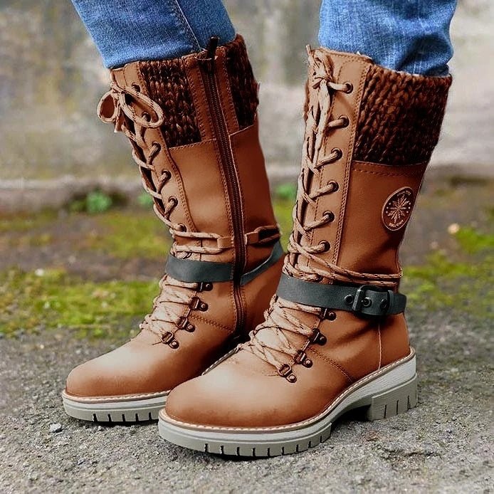 Marlowe knit cuff knee high boots in brown, close-up view