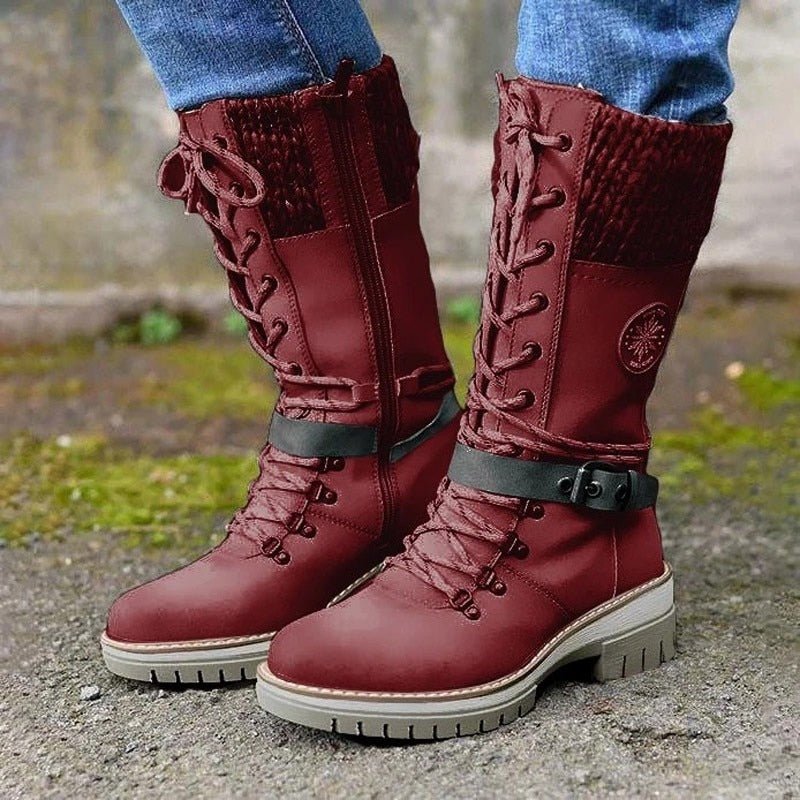 Marlowe lace-up knee high boots in red, front view