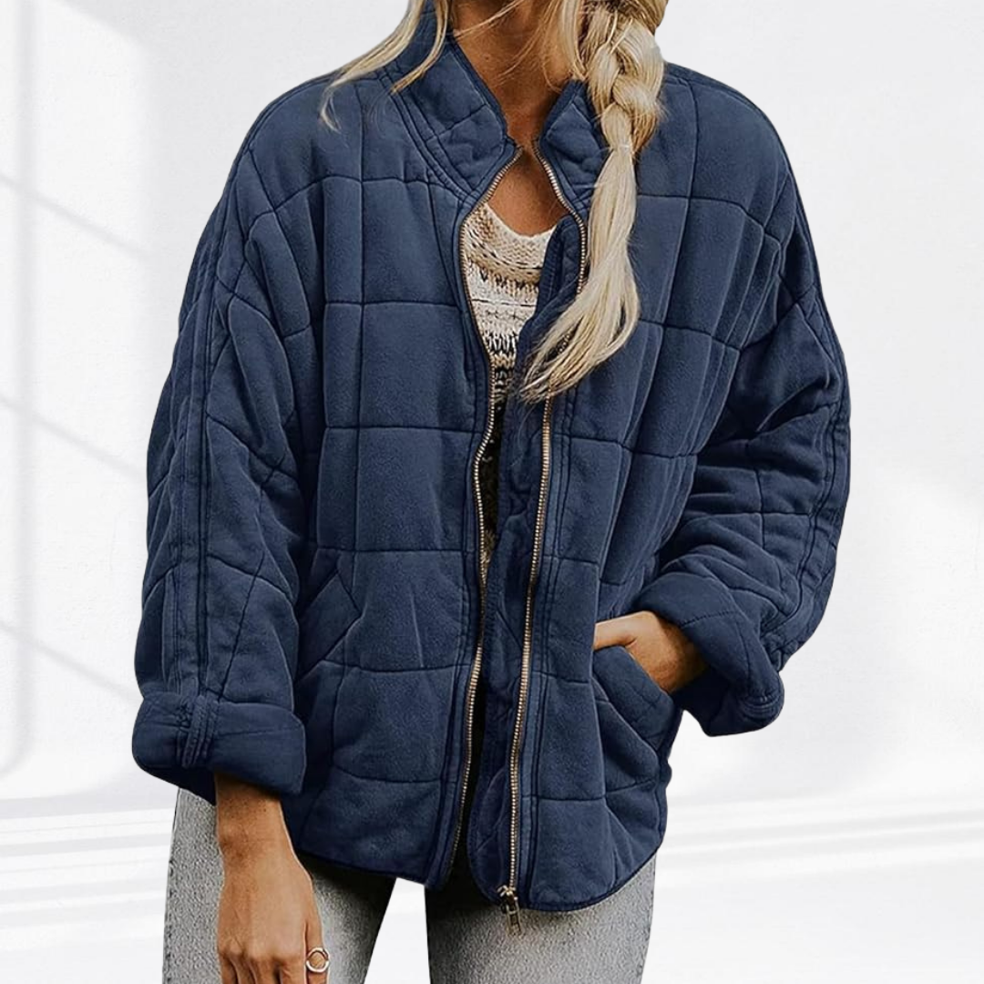 Marlowe quilted zip-up bomber jacket in navy blue, front view unzipped