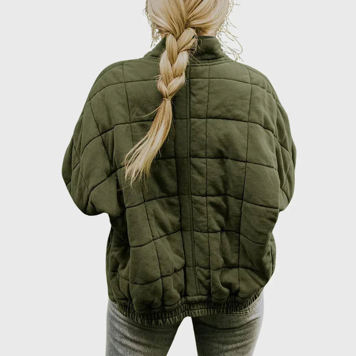 Marlowe quilted zip-up bomber jacket in olive green, back view showing quilted paneling