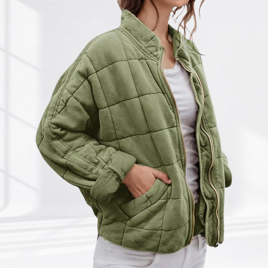 Marlowe quilted zip-up bomber jacket in sage green, close-up front view