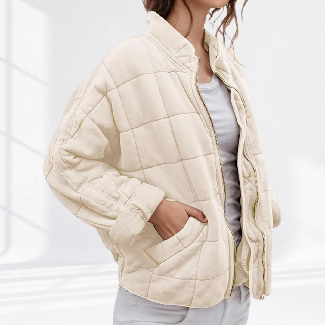 Marlowe quilted zip-up bomber jacket in cream, close-up front view