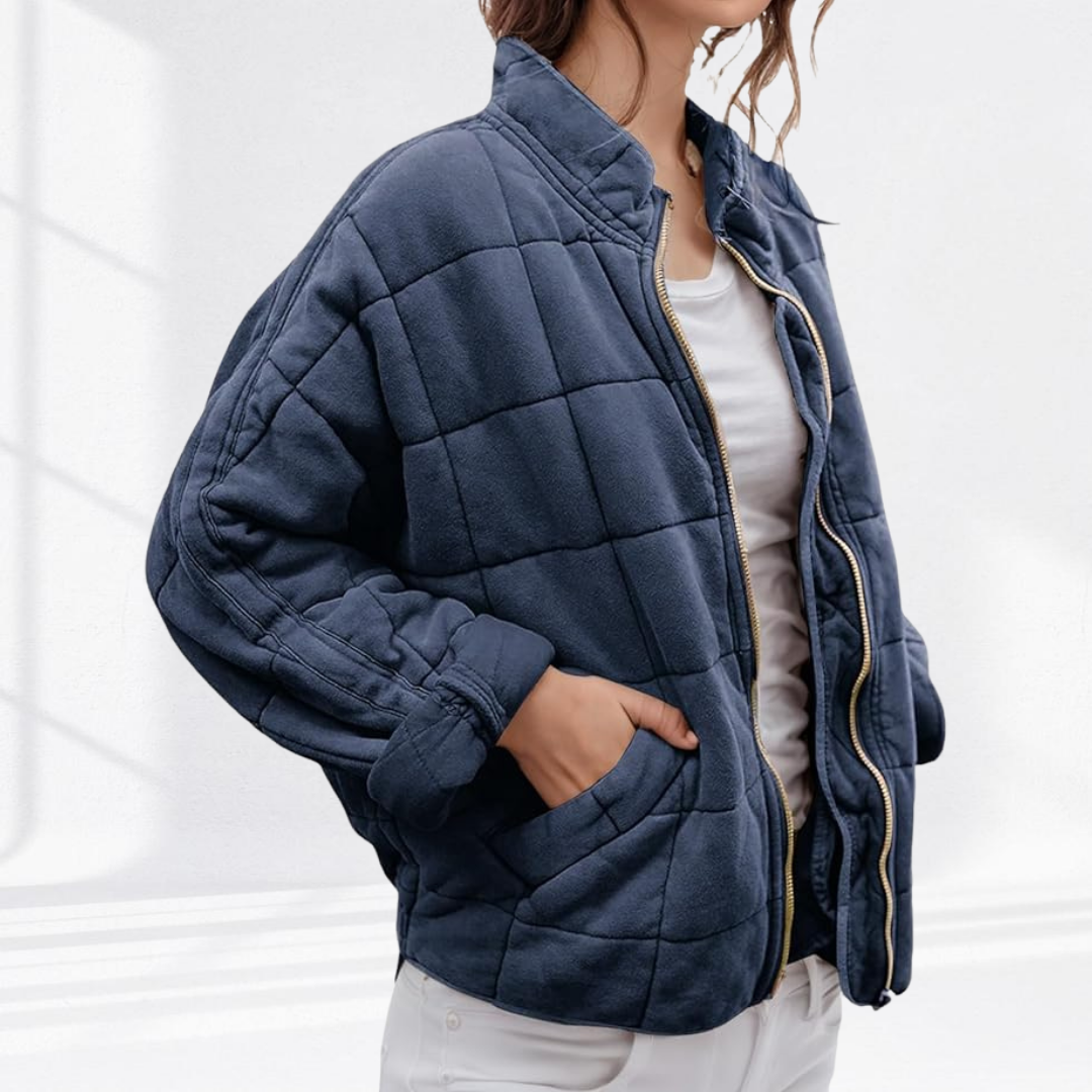 Marlowe quilted zip-up bomber jacket in navy blue, close-up front view