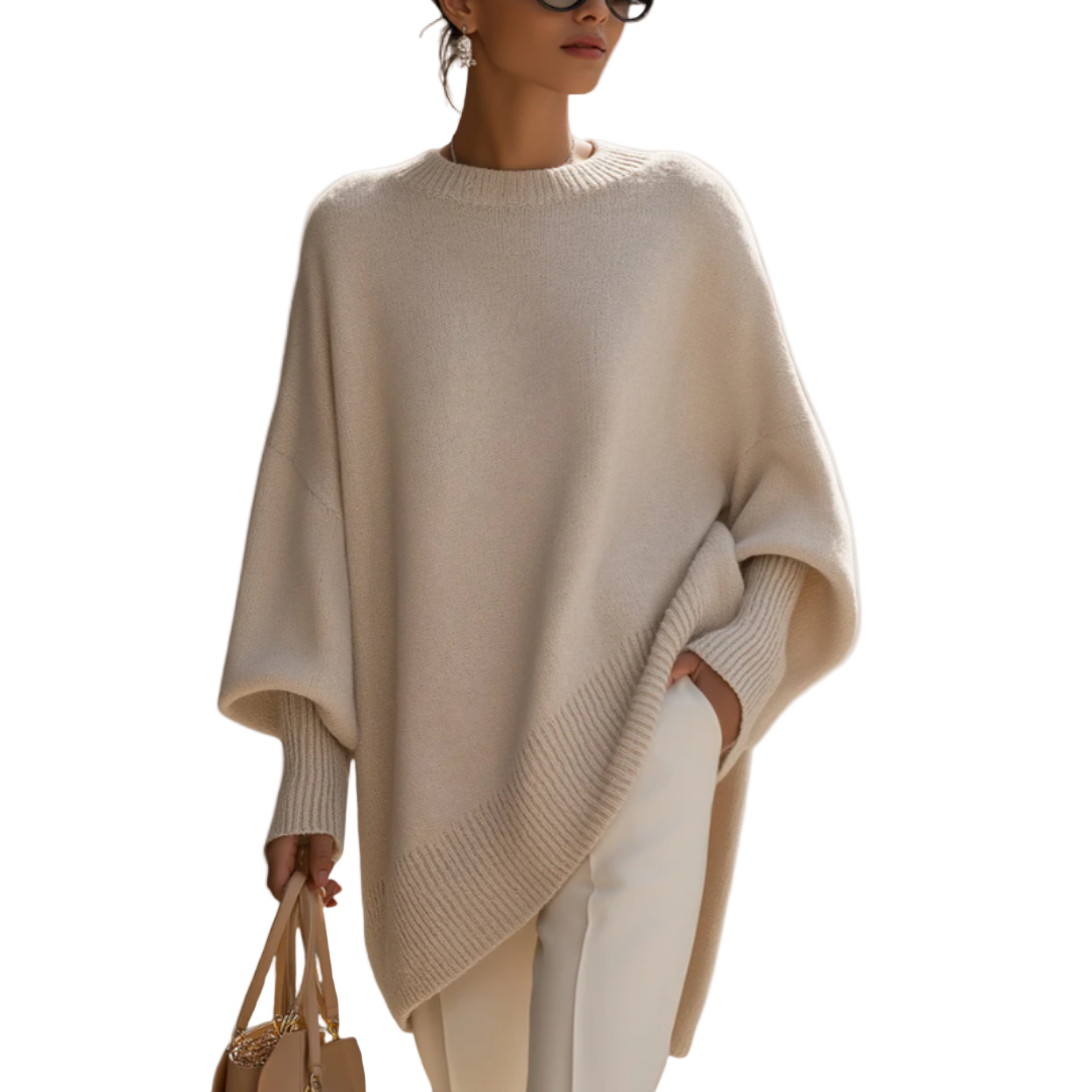 Meredith oversized beige poncho sweater with asymmetric hem, front view