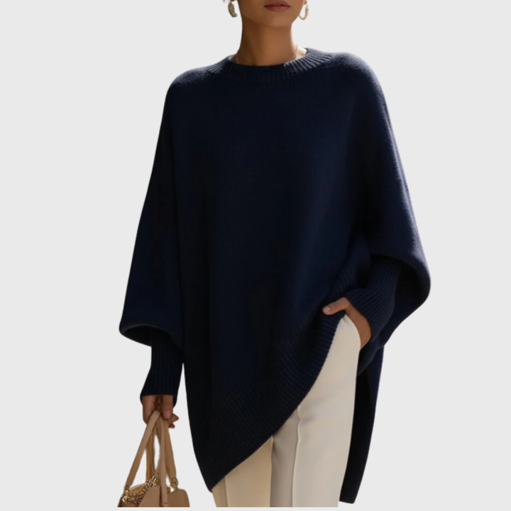 Meredith oversized navy poncho sweater with batwing sleeves, front view