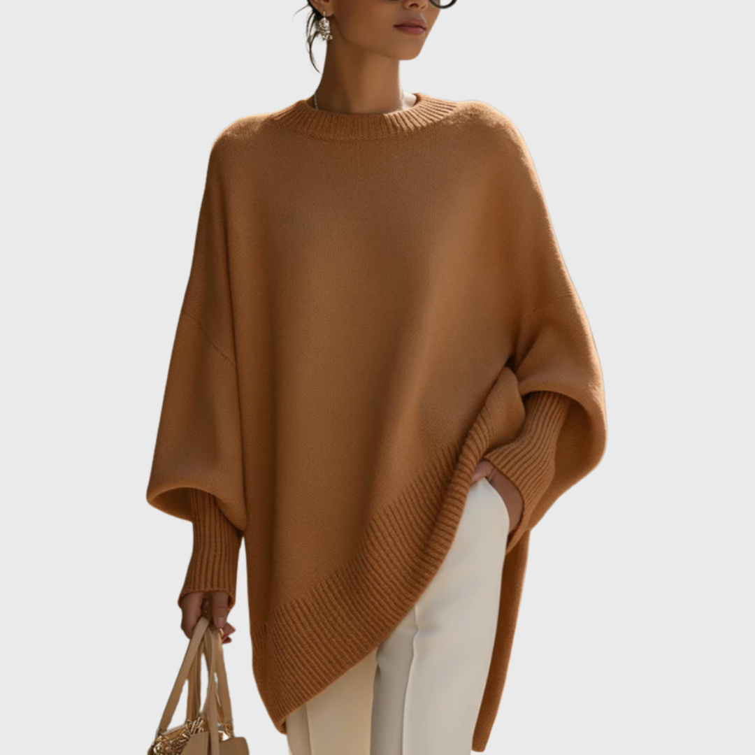 Meredith oversized camel poncho sweater with crew neckline, front view