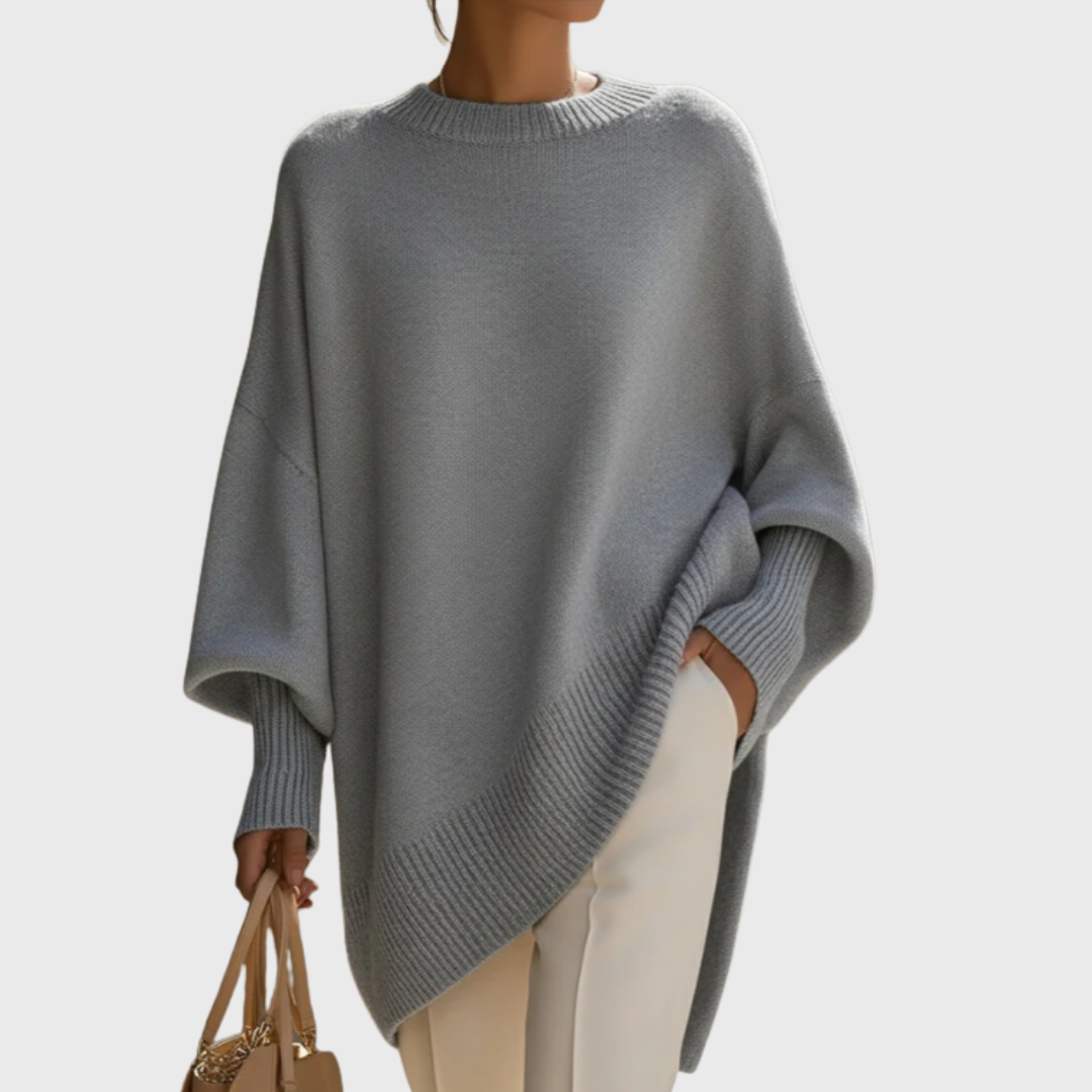 Meredith oversized gray poncho sweater with asymmetric hem, front view
