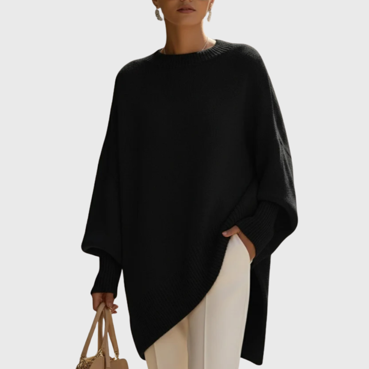 Meredith oversized black poncho sweater with dropped shoulders, front view