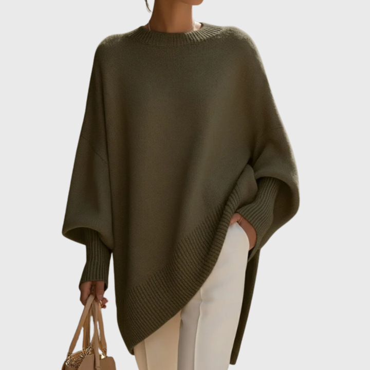 Meredith oversized olive green poncho sweater with ribbed trim, front view
