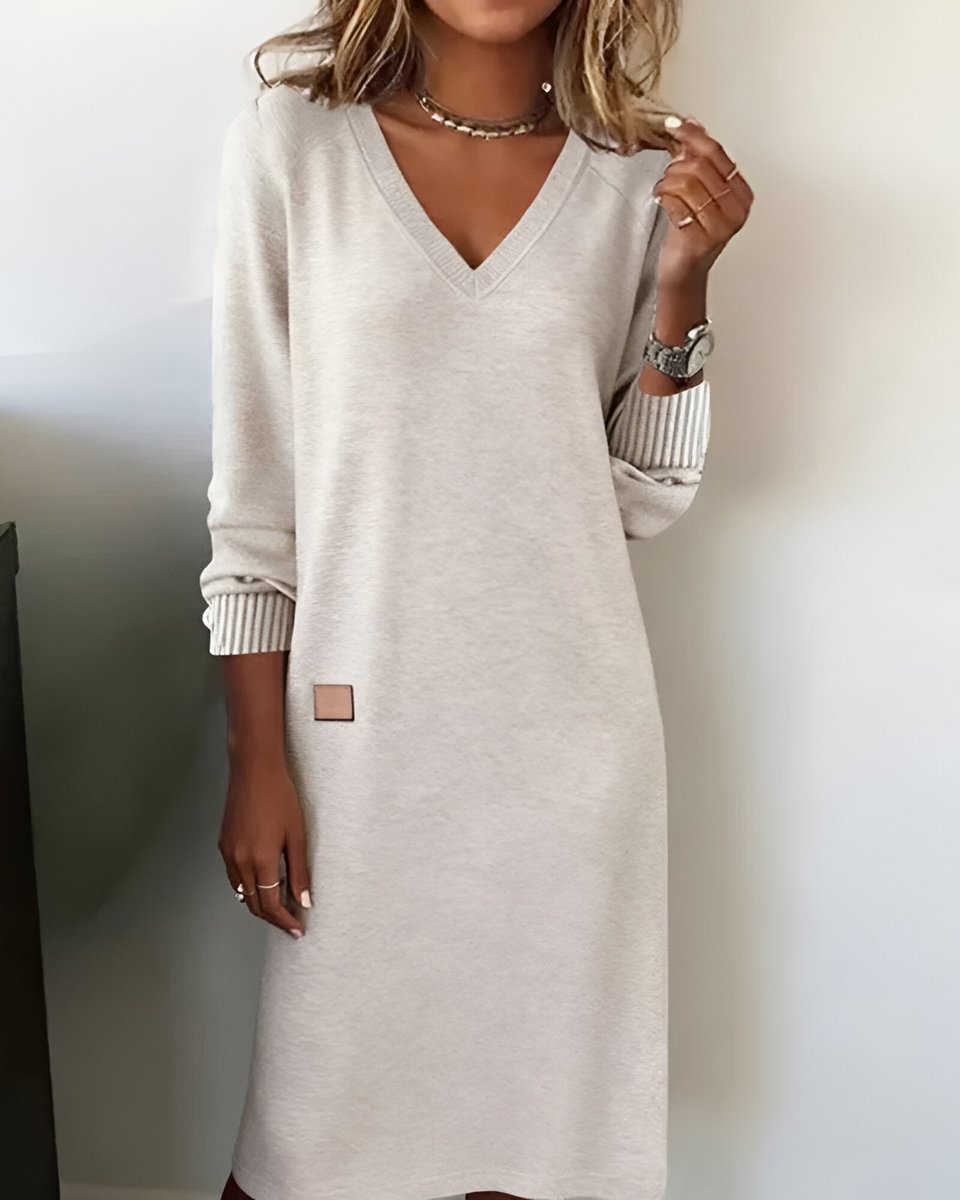 Mia oatmeal V-neck long sleeve midi dress, front view