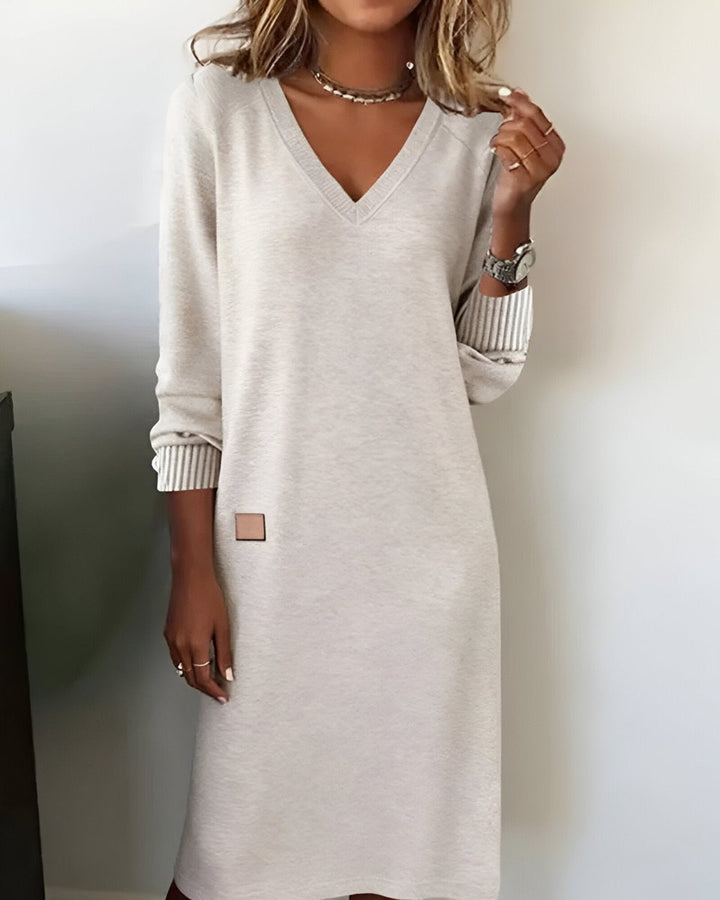 Mia oatmeal V-neck long sleeve midi dress, front view