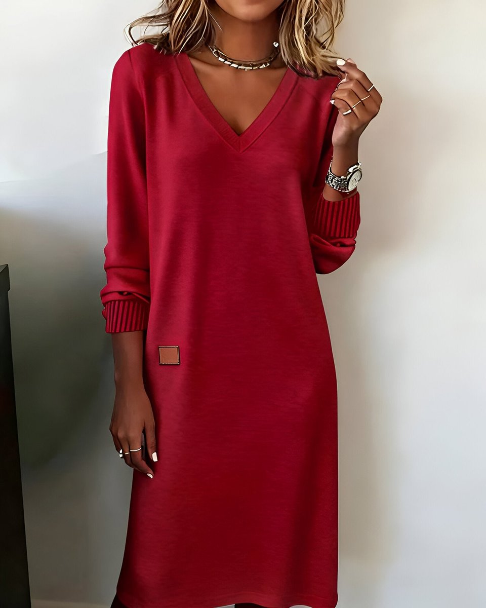 Mia red V-neck long sleeve midi dress, front view