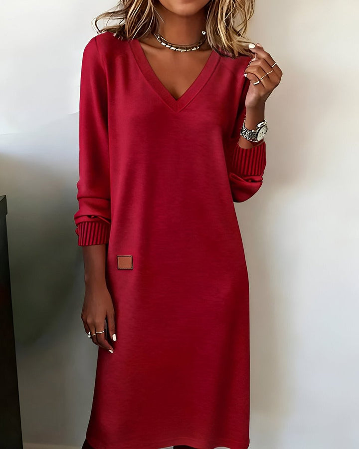 Mia red V-neck long sleeve midi dress, front view