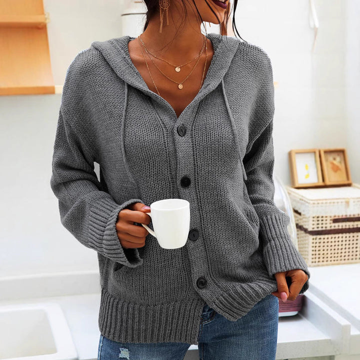 Millicent gray chunky knit hooded cardigan with button front, close-up view