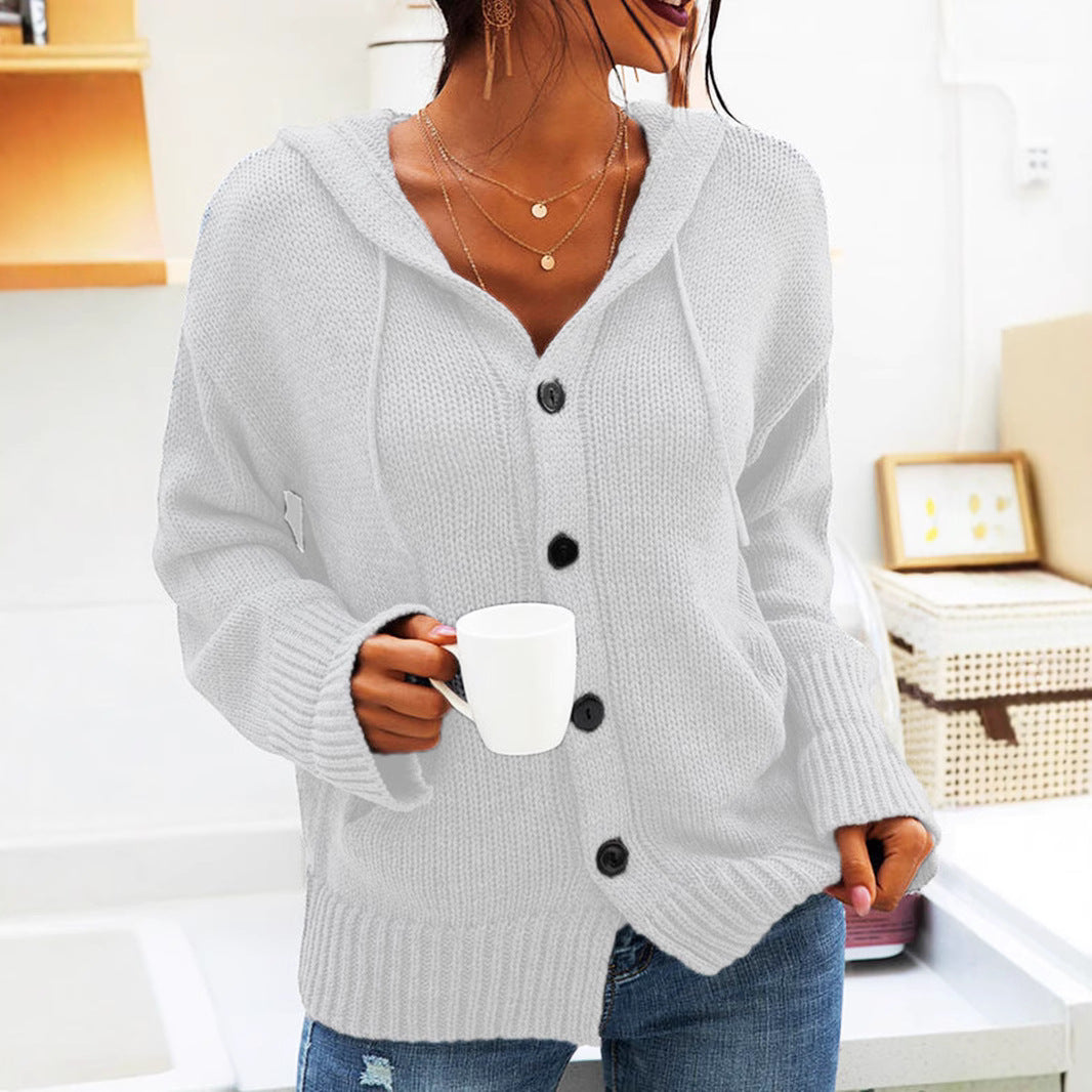 Millicent white chunky knit hooded cardigan with button front, close-up view
