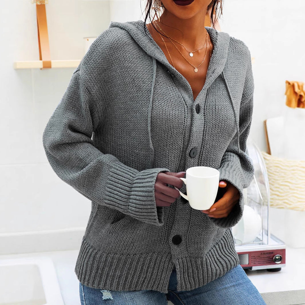 Millicent gray chunky knit hooded cardigan, front view with hood