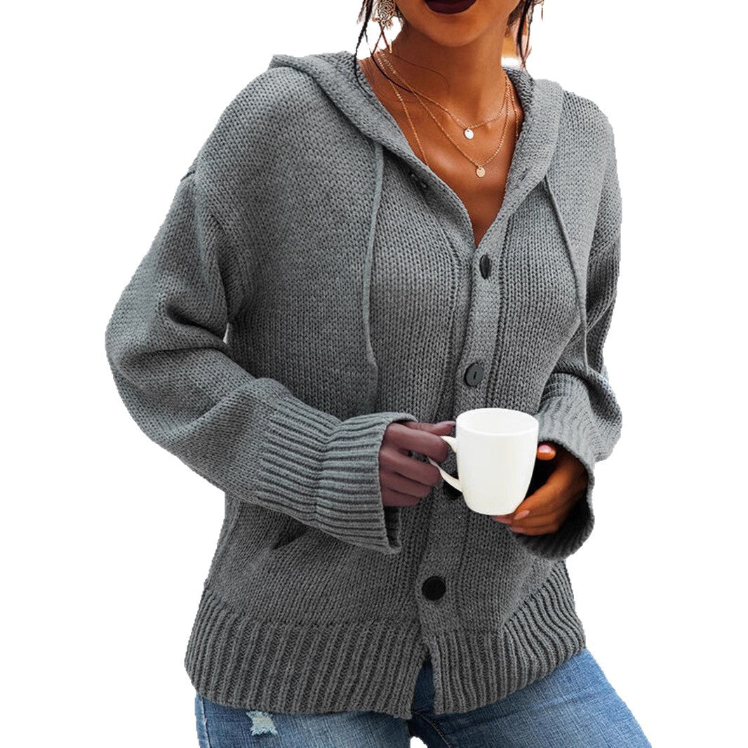 Millicent black chunky knit hooded cardigan with button front, close-up view
