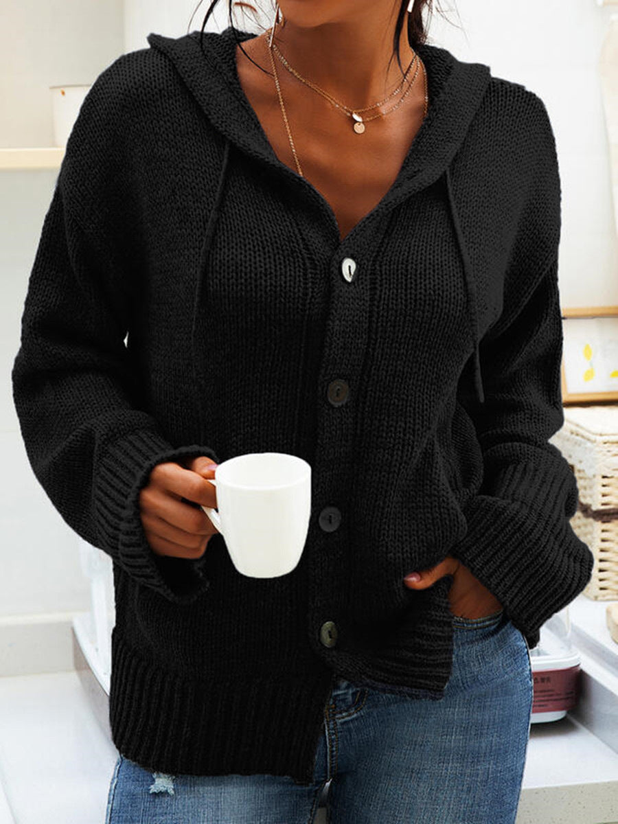Millicent black chunky knit hooded cardigan with button front, close-up view