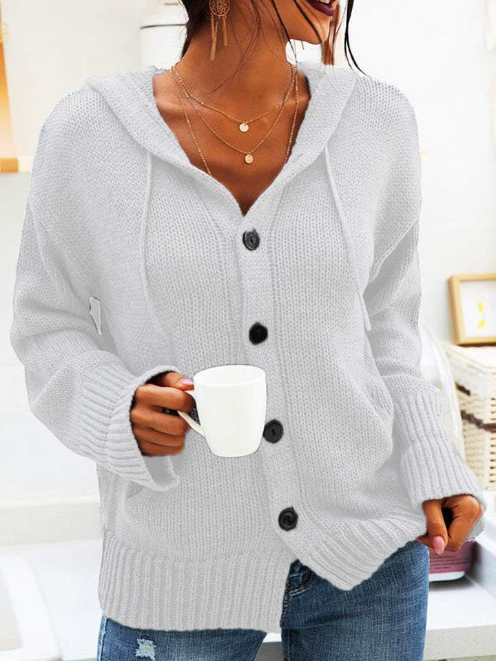 Millicent black chunky knit hooded cardigan with button front, close-up view