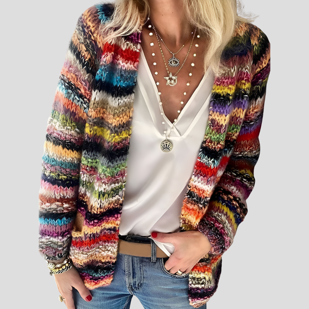 Nadia open front long sleeve knit cardigan, close-up front view over white blouse