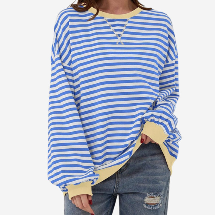 Nadia oversized striped crewneck sweatshirt with pastel yellow trim, front view