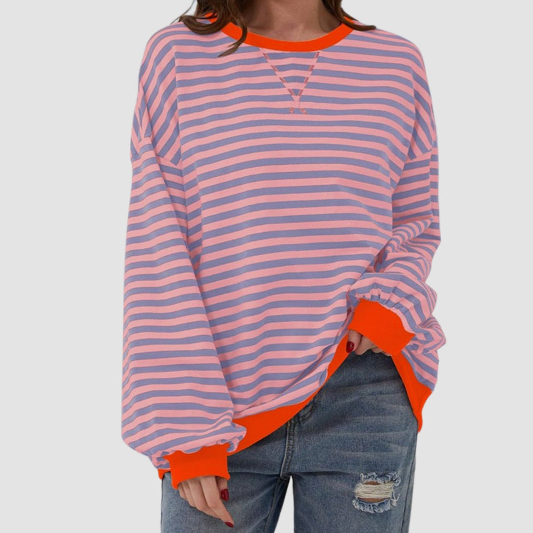 Nadia oversized striped crewneck sweatshirt with orange trim, front view