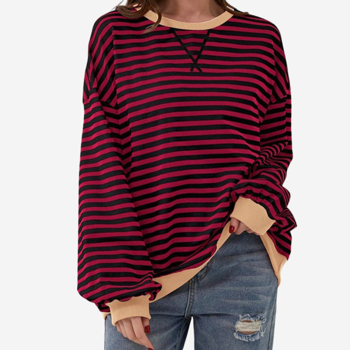 Nadia oversized striped crewneck sweatshirt with tan trim in burgundy stripe, front view