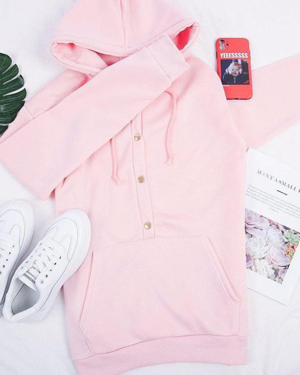 Nadia hoodie flat lay showing hood and snap button front