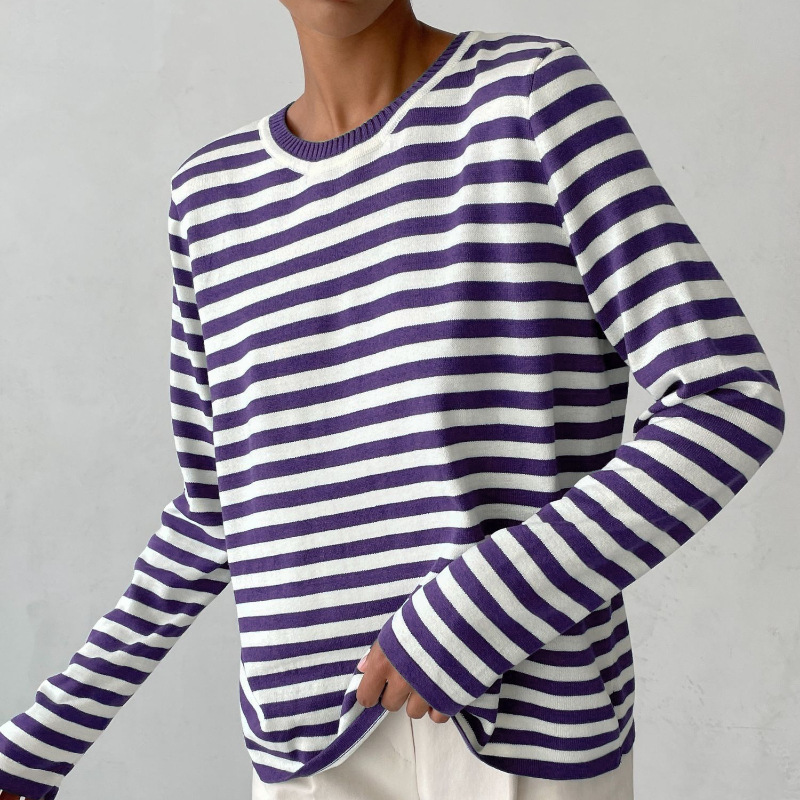 Nadia purple striped long sleeve sweatshirt, front view close-up