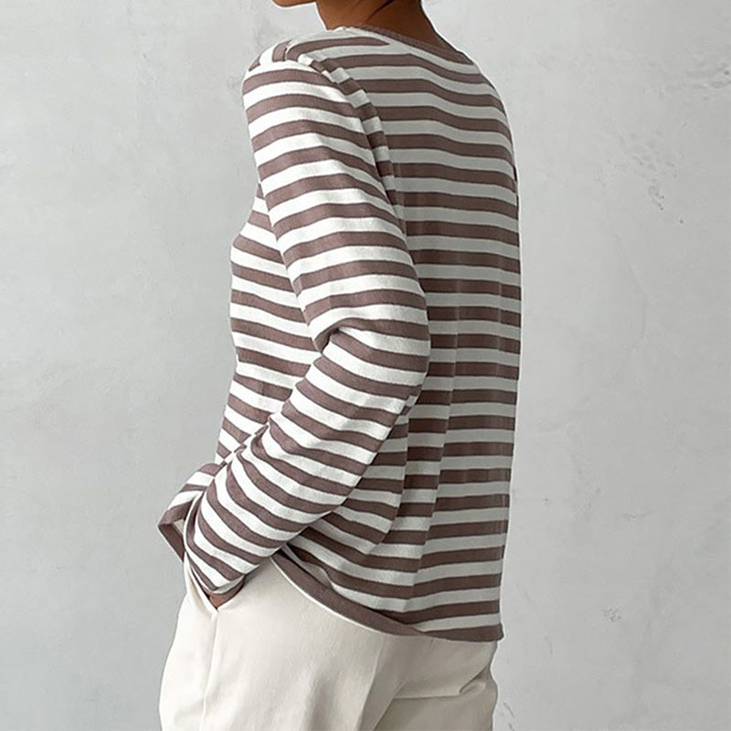 Nadia taupe striped sweatshirt, back view close-up
