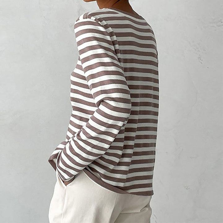Nadia taupe striped sweatshirt, back view close-up