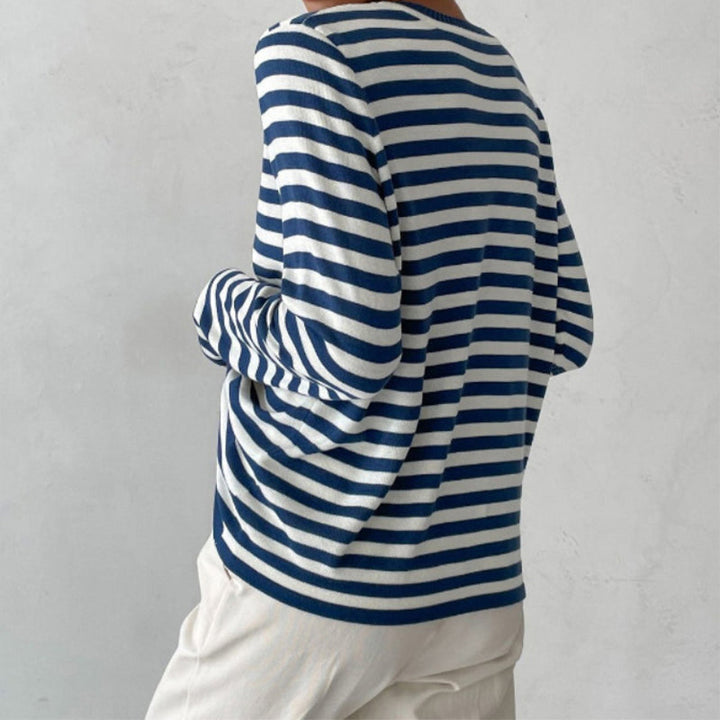 Nadia blue striped sweatshirt, back view close-up