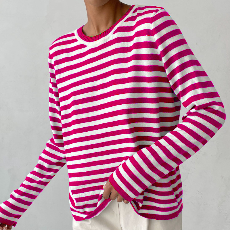 Nadia pink striped long sleeve sweatshirt, front view close-up