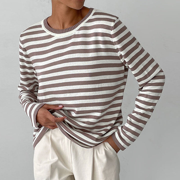 Nadia taupe striped long sleeve sweatshirt, front view close-up