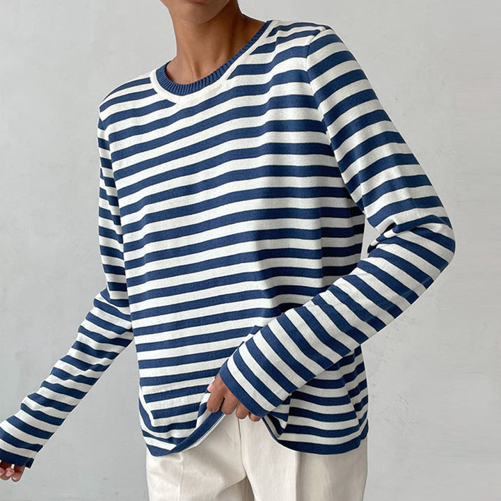 Nadia blue striped long sleeve sweatshirt, front view close-up