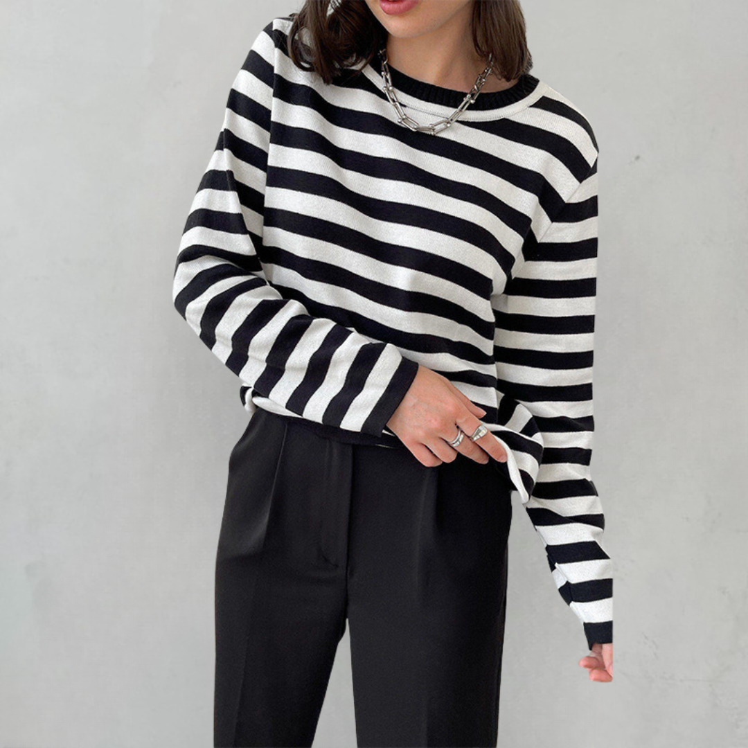 Nadia black striped sweatshirt with necklace, front view