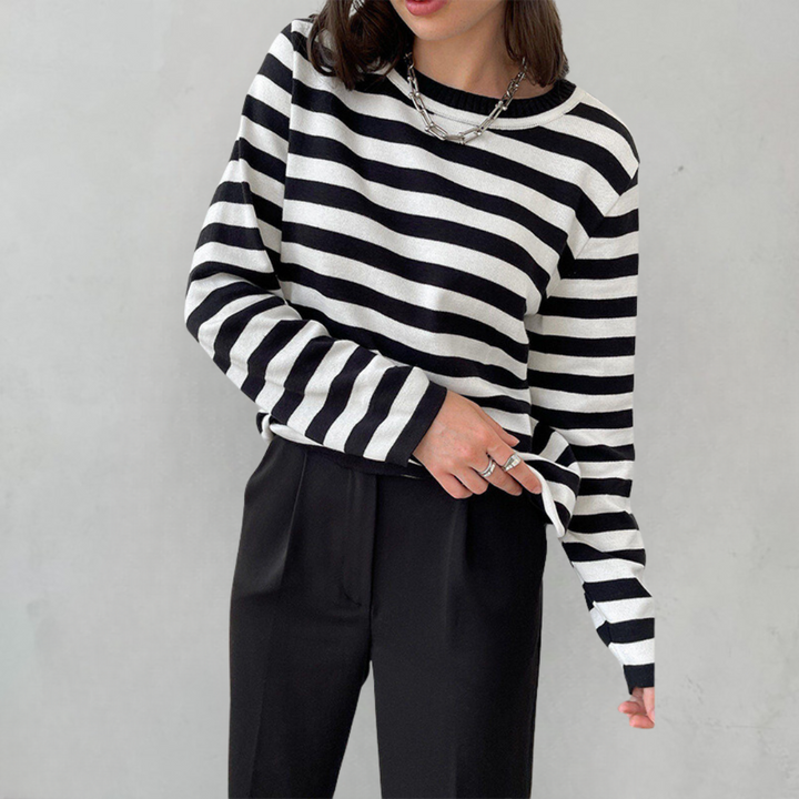 Nadia black striped sweatshirt with necklace, front view