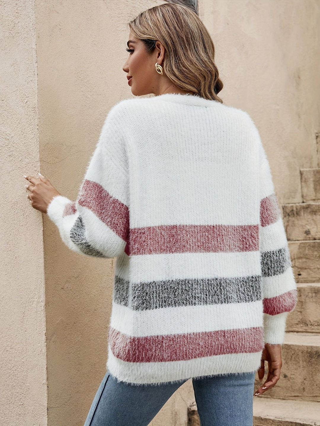 Nadia striped open-front cardigan, back view showing drop-shoulder fit