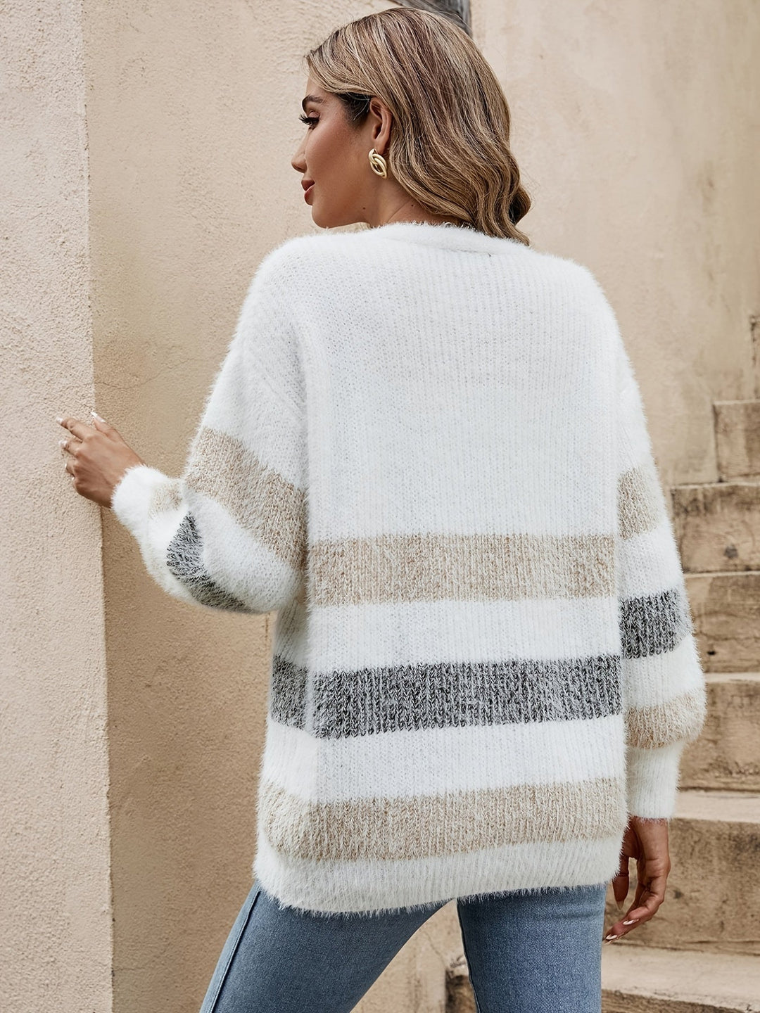 Nadia striped open-front cardigan, back view showing drop-shoulder fit