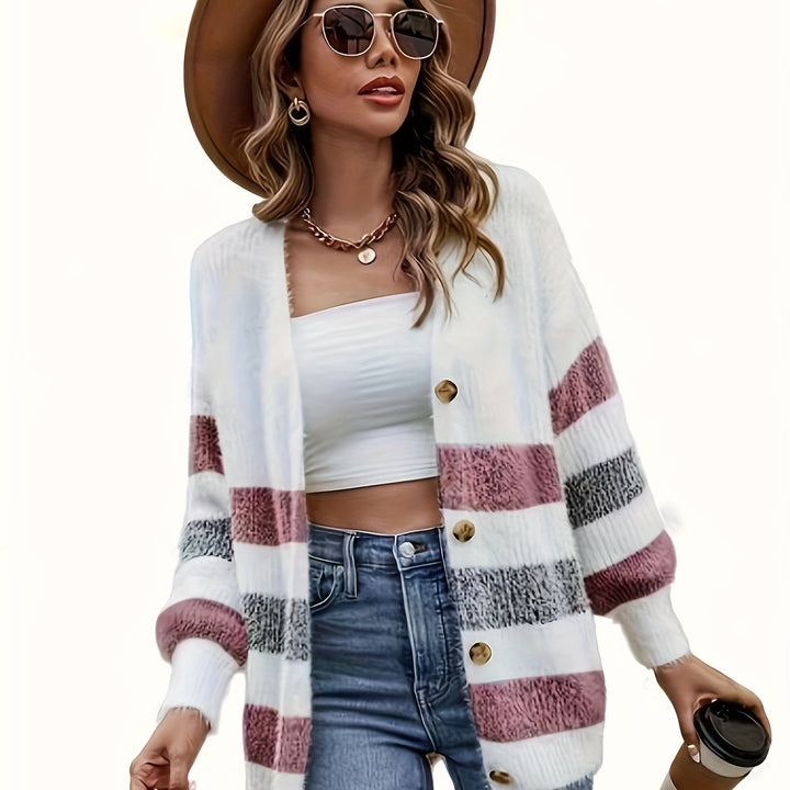 Nadia striped open-front cardigan, back view showing drop-shoulder fit