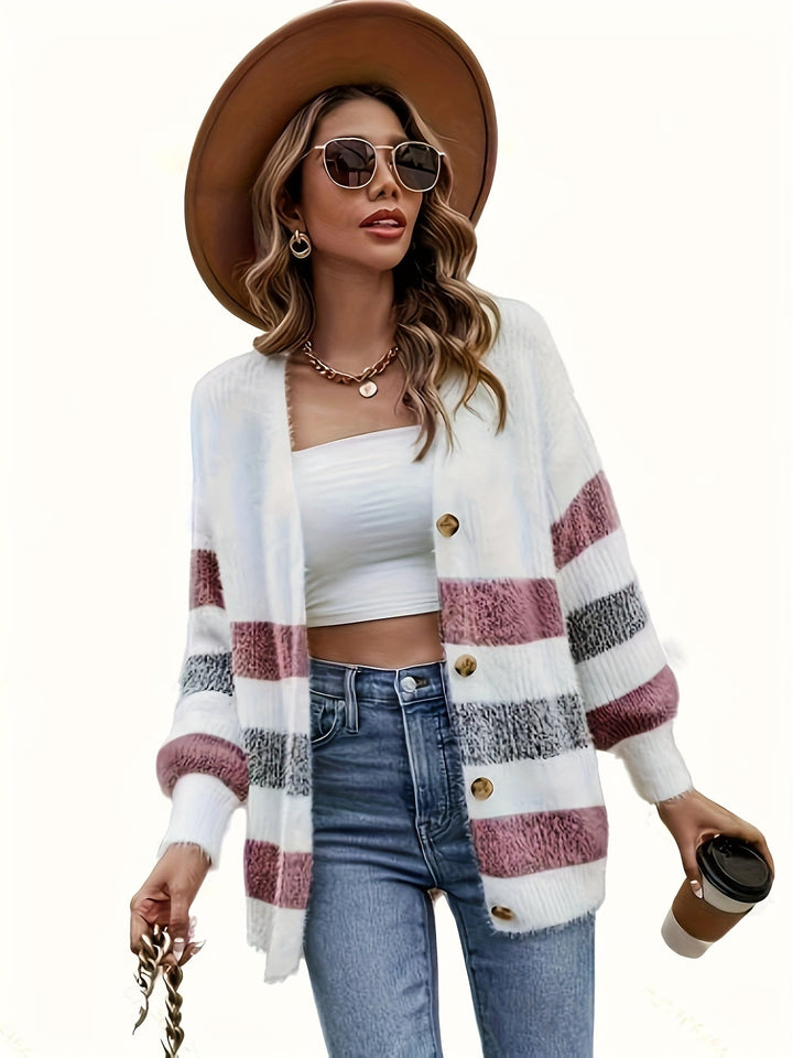 Nadia striped open-front cardigan, back view showing drop-shoulder fit
