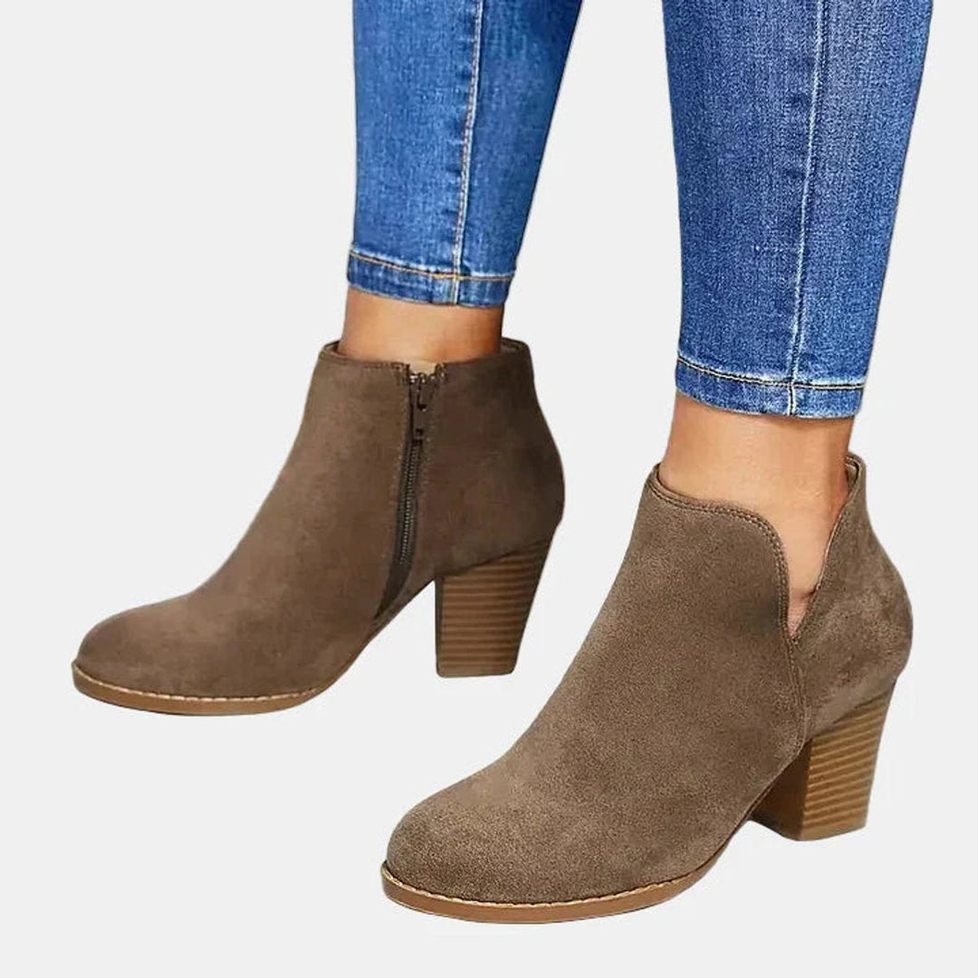 Nadine block heel ankle boots in taupe, front view with side zipper detail
