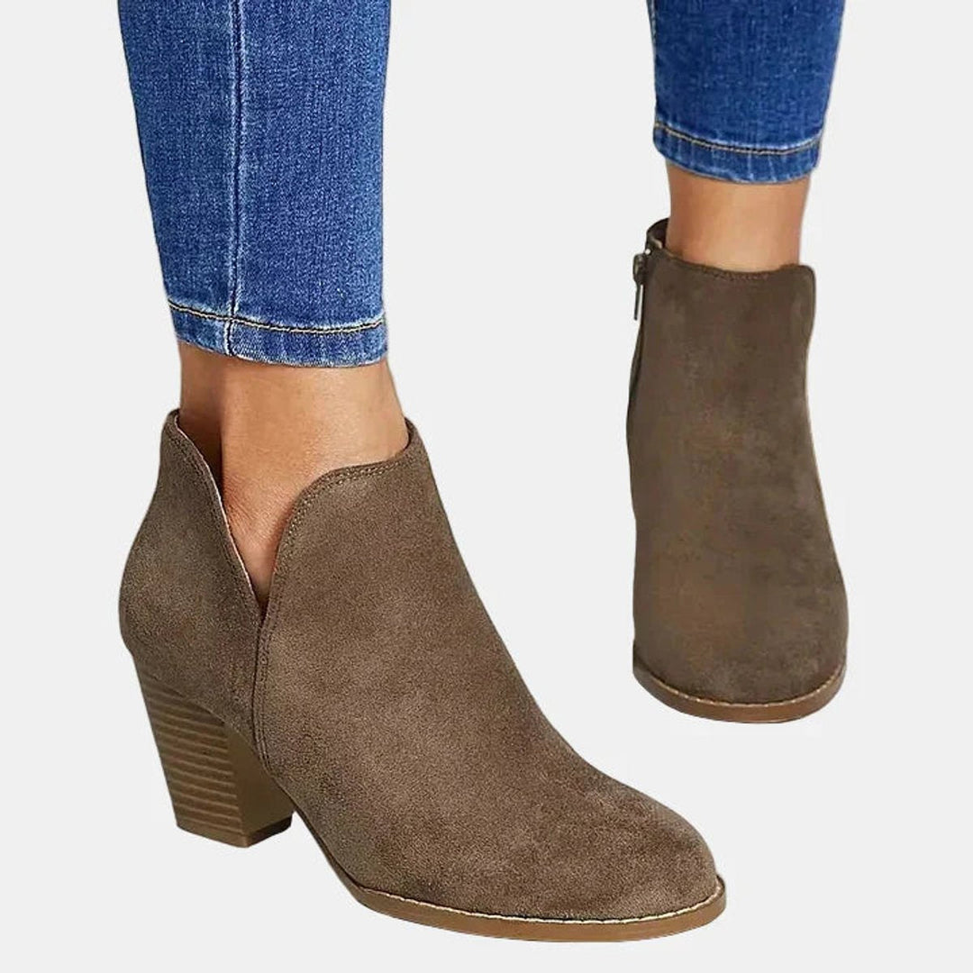 Nadine ankle boots in taupe, back and side view showing V-cut topline